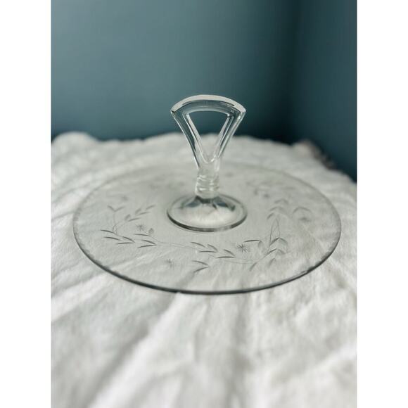 Vintage Tidbit 11” Serving Tray Dish Etched Glass Handle Floral Scallop Trim - Picture 6 of 16